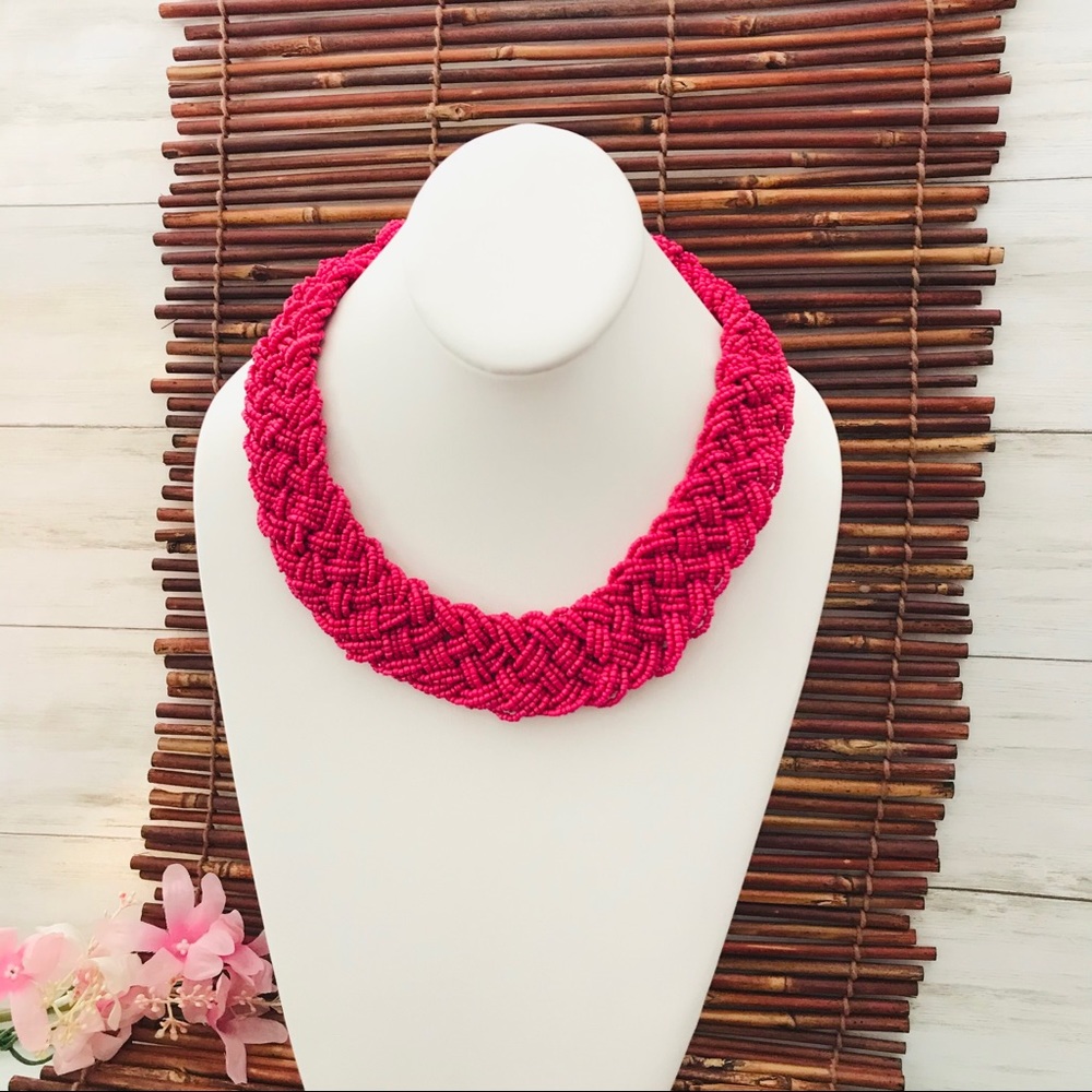 Charming Charlie Braided Pink Seed Bead Collar Necklace